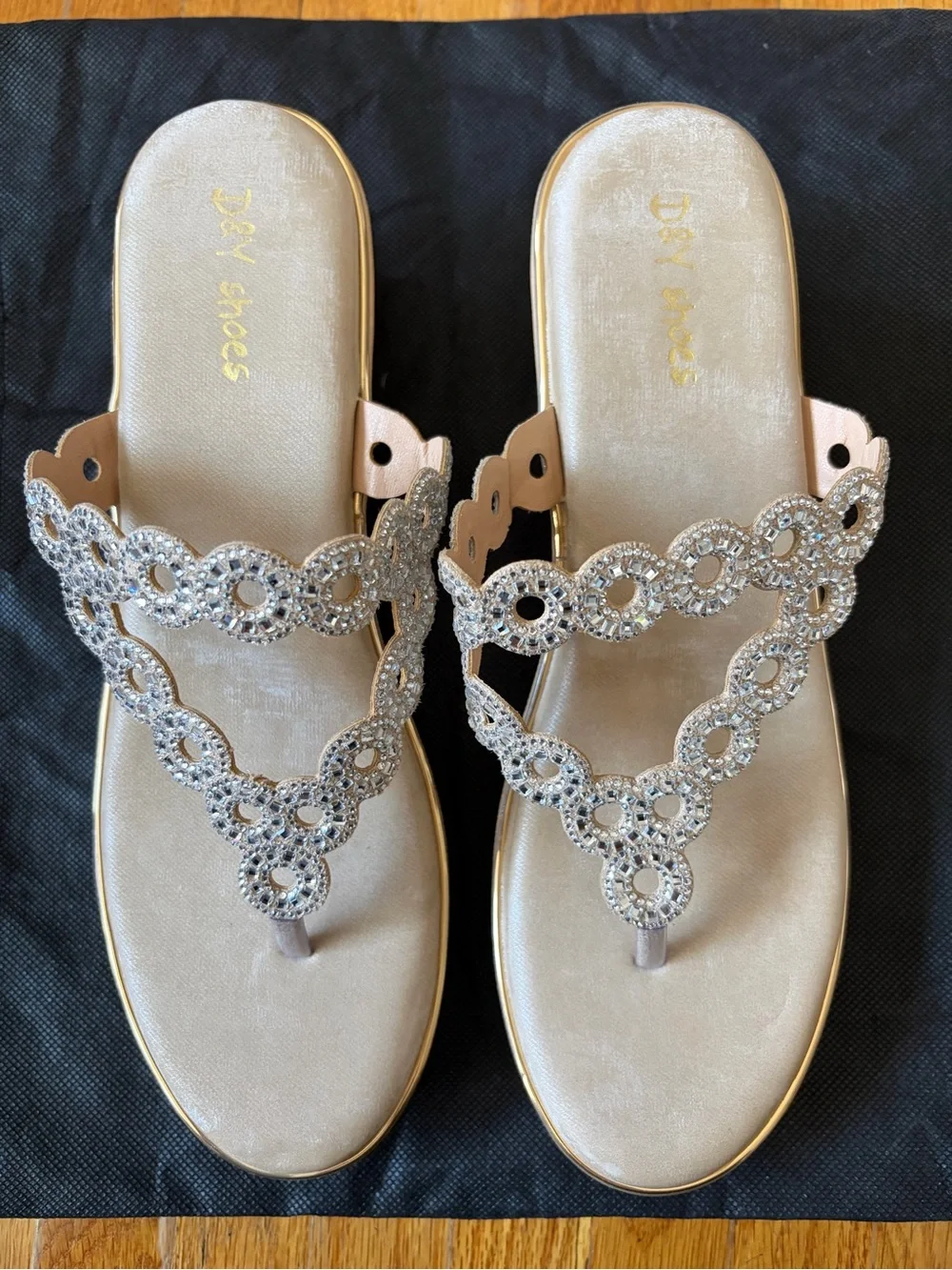 Women's Embellished Taupe Rhinestone Thong Wedge Sandals -